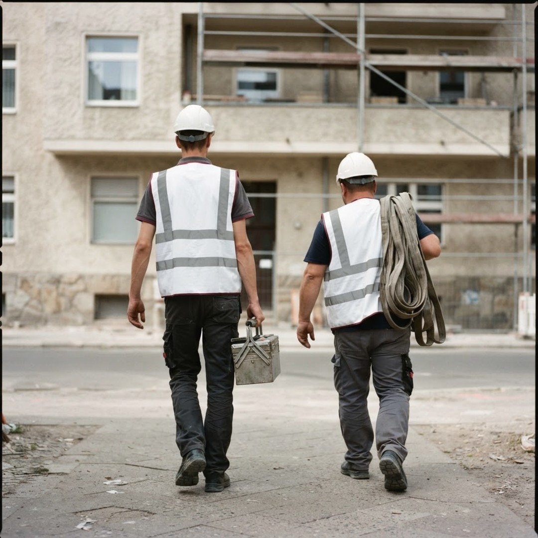 Deux techniciens Valoprim arrivant sur un chantier