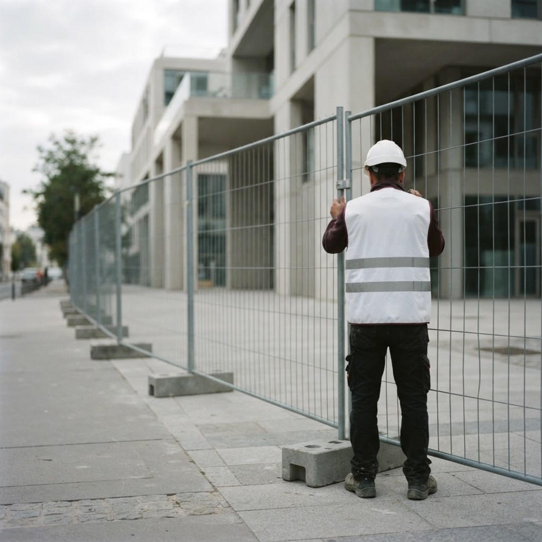 Installation d'une clôture de chantier sur plots béton