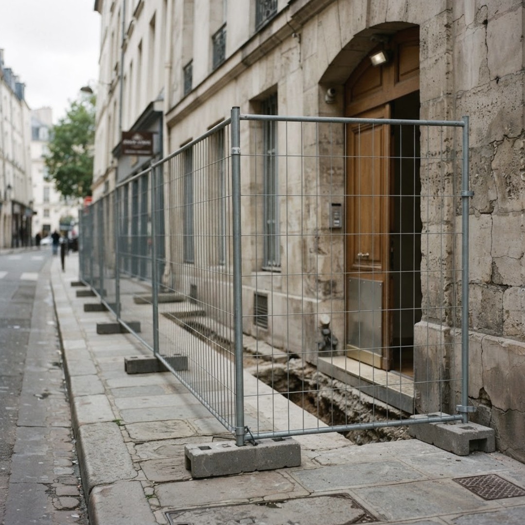Clôture de chantier contournant l'entrée d'un immeuble