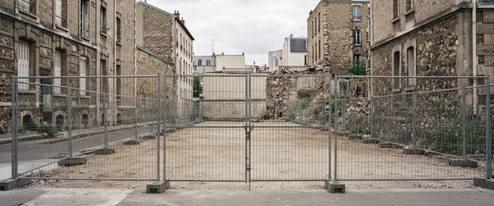 Parcelle urbaine fermée par une clôture de chantier
