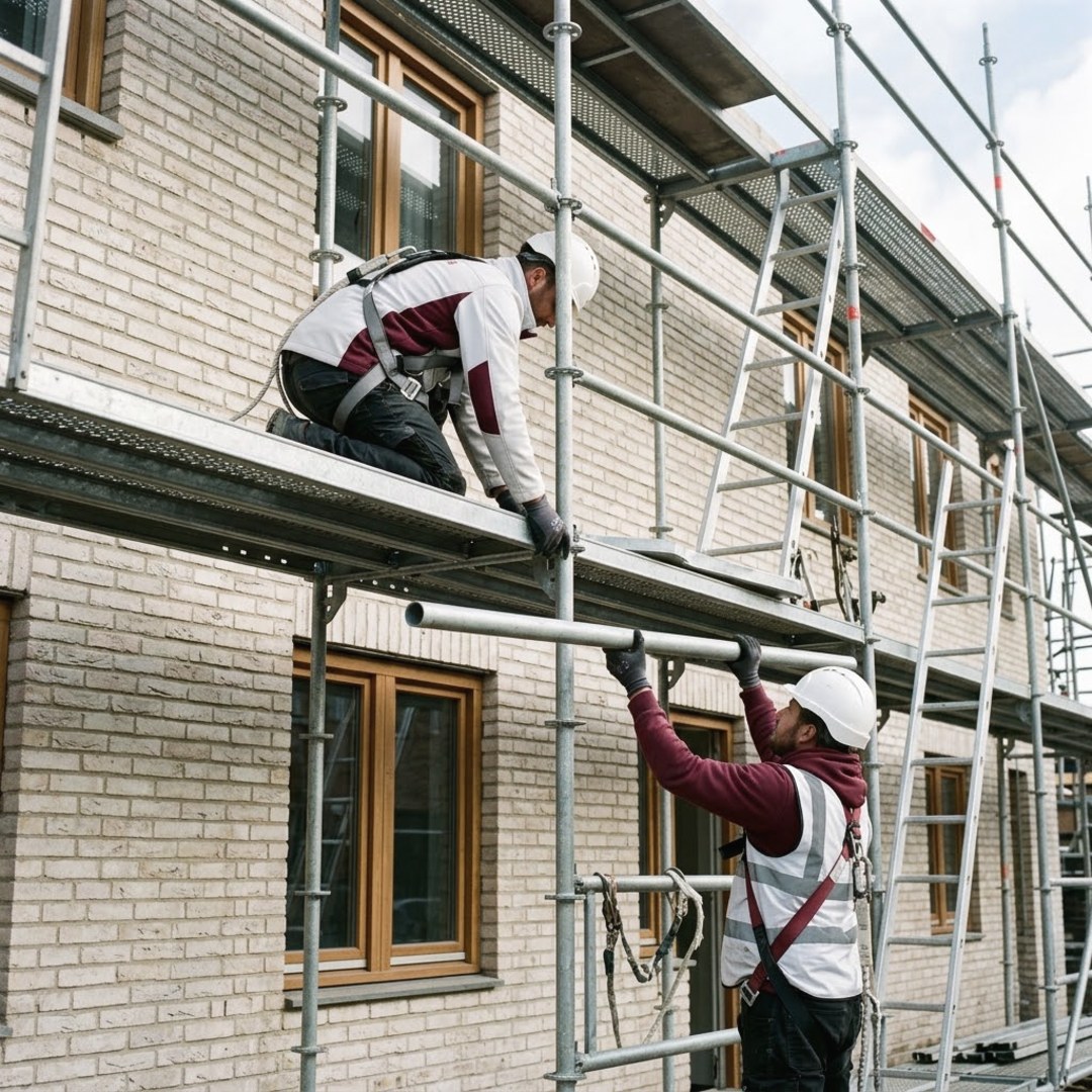 Échafaudage monté sur un immeuble en brique