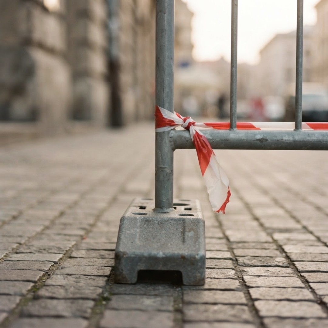 Barrière de chantier et ruban de signalisation sur un trottoir