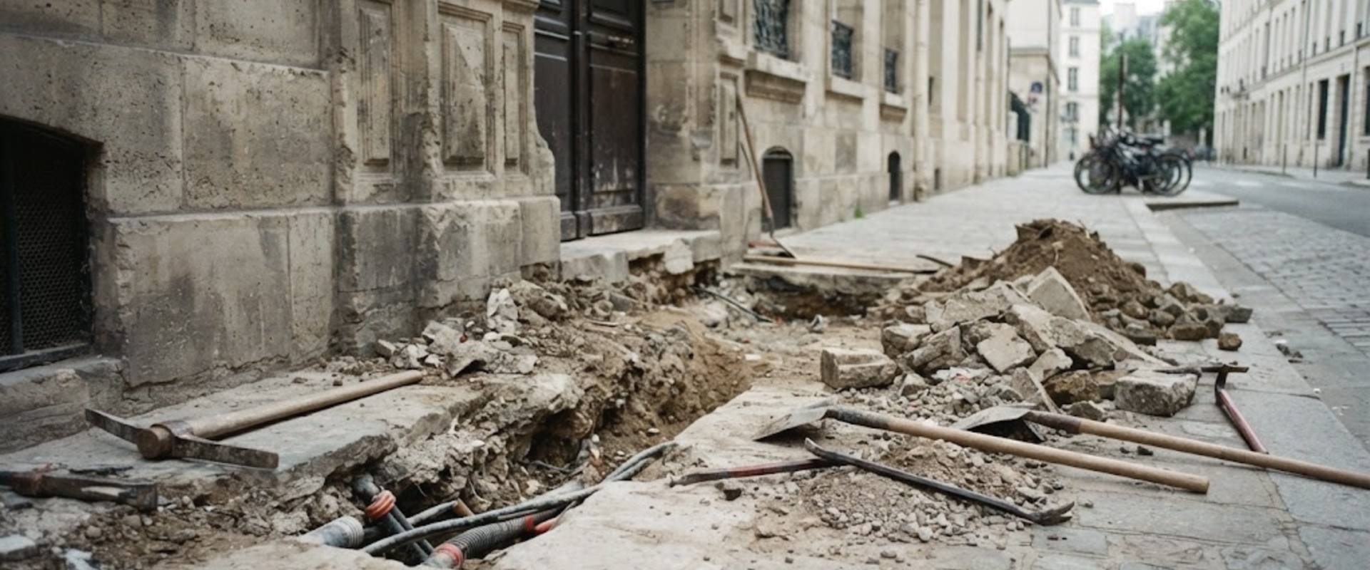 Trottoir de chantier sans protection ni signalisation
