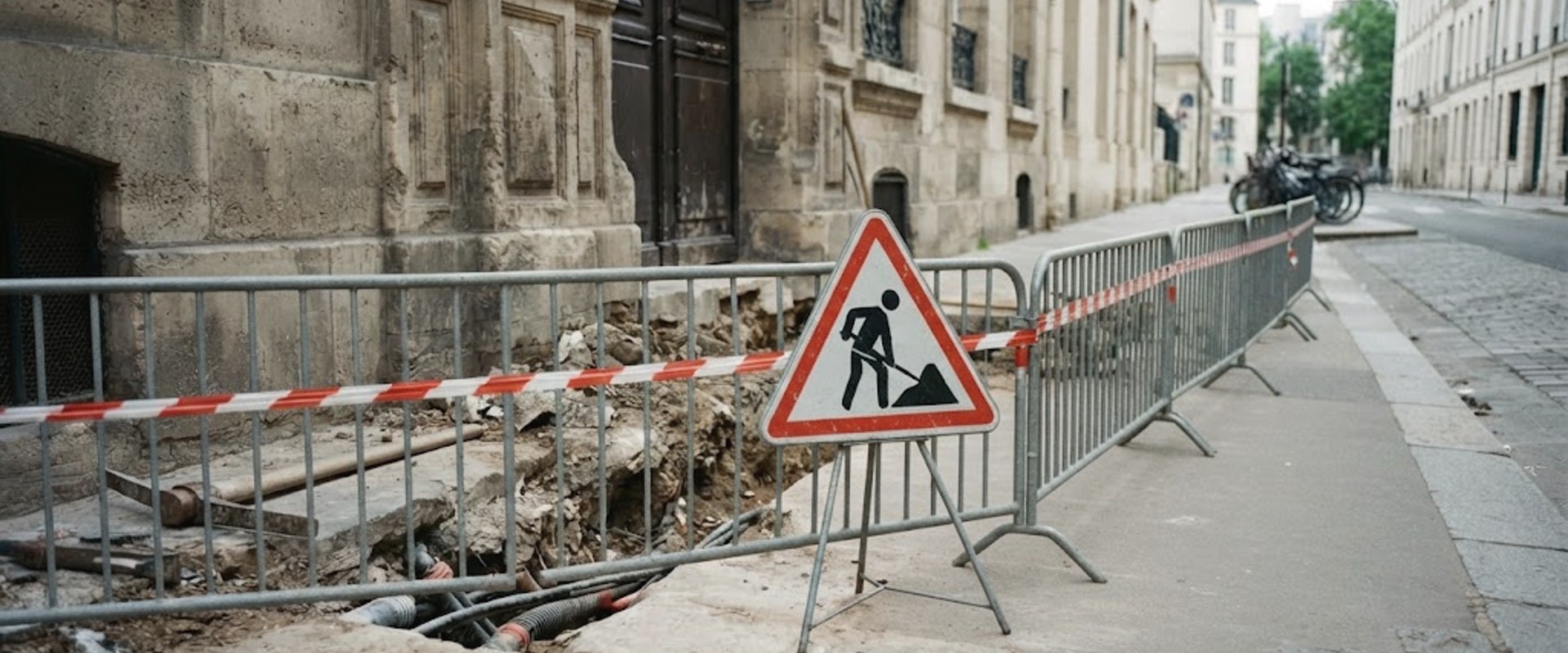 Zone de chantier sécurisée par des barrières et une signalisation