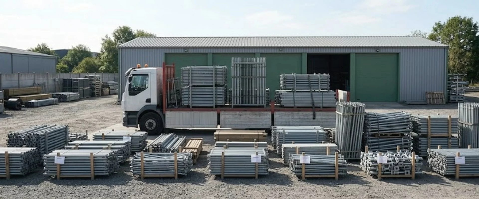 Camion chargé d’éléments d’échafaudage au dépôt avant livraison sur chantier