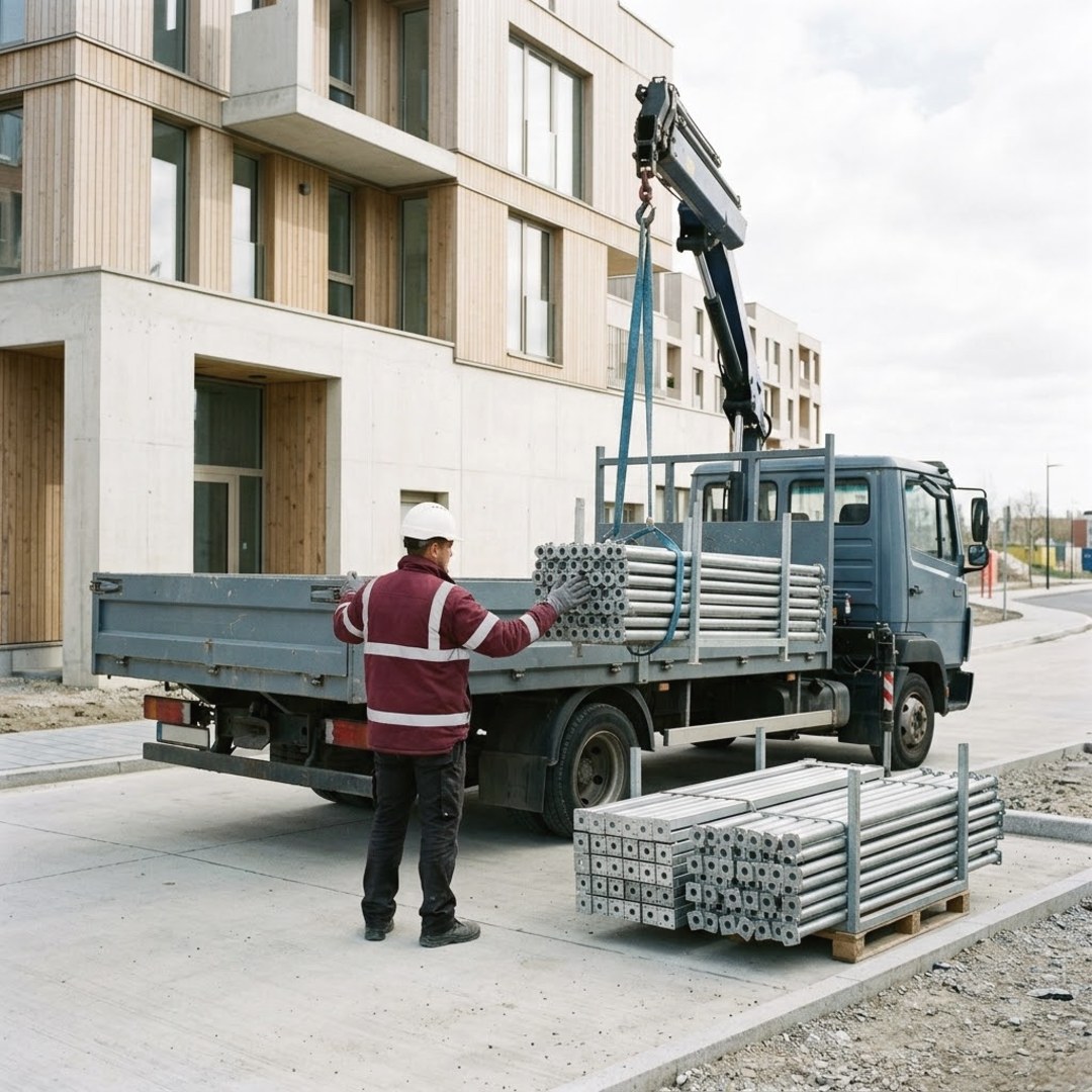 Camion de livraison d'échafaudage sur un chantier