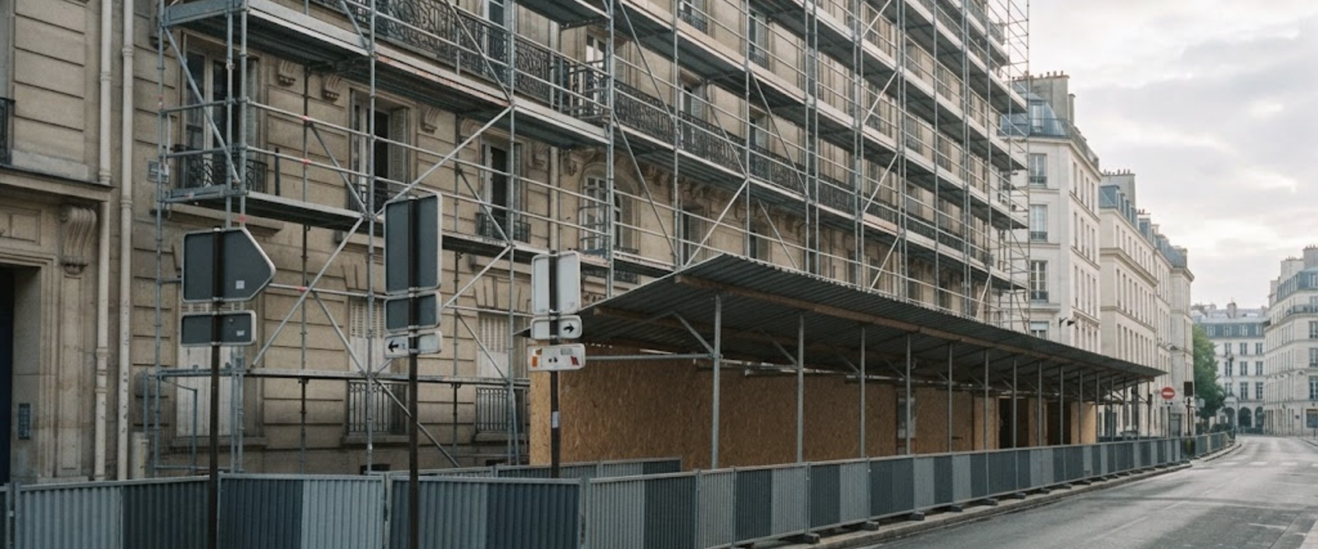 Rue avec échafaudage et emprise de chantier installée