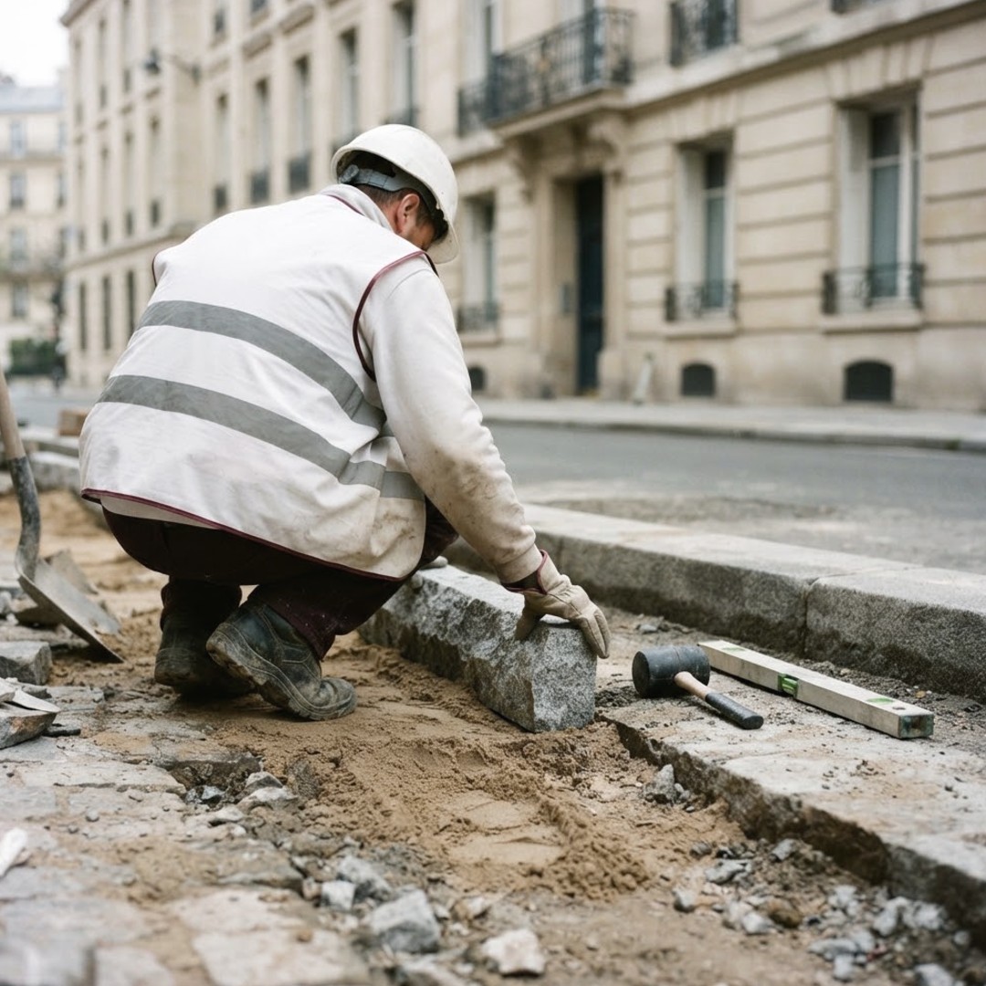 Pose d'une bordure en granit sur un trottoir